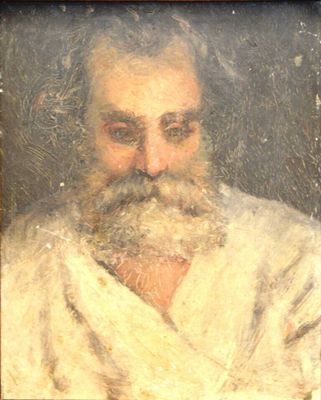 un vieux tableau représentant un homme barbu vêtu d'une robe blanche