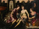 une image représentant un tableau où l'on voit une femme assise sur un banc à côté de deux autres femmes