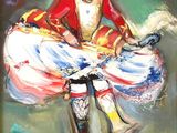 an oil painting of a clown sitting on top of a table