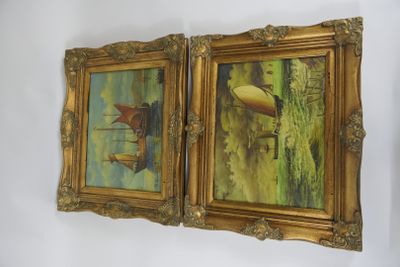 two paintings of a man on a boat and a woman on a boat hanging on a wall