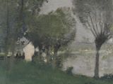 peinture représentant quelques arbres dans un champ près d'un plan d'eau