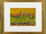 une peinture à l'huile représentant une vue de Venise avec des gondoles au premier plan