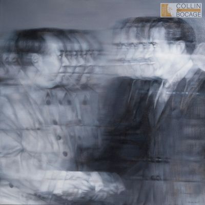 un tableau représentant deux hommes assis à une table