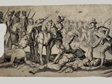 an old drawing of a group of men standing around a man laying on the ground