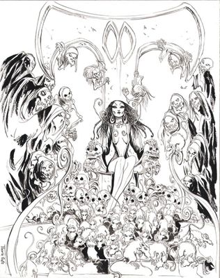 un dessin en noir et blanc représentant une femme entourée de crânes