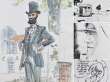 several sketches of a man in a top hat and a suit