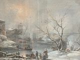 un tableau représentant un paysage hivernal avec des personnes sur le rivage