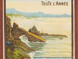 une vieille affiche représentant un bateau sur l'eau, près du rivage