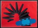 an image of a picture of a blue skateboard with black sticks sticking out of it