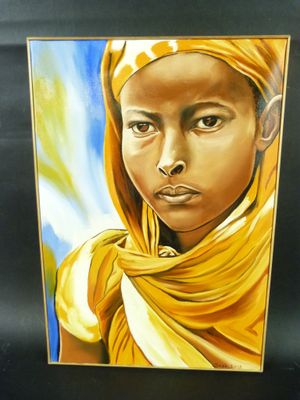 tableau représentant une jeune fille portant un foulard jaune et un voile jaune