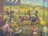 une peinture représentant un groupe de personnes à cheval dans un champ
