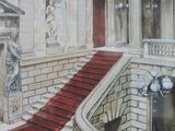 a painting of a staircase leading to a red carpeted stair