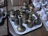a tray with a lot of antique items on it