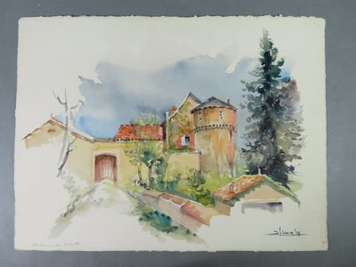 watercolor painting of a castle with a gate and a tree