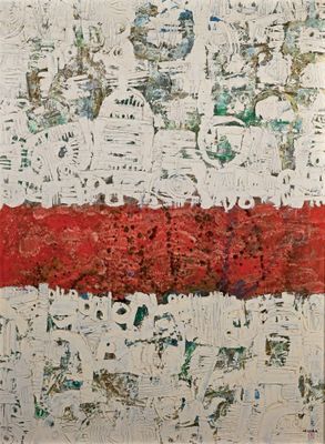 Peinture abstraite représentant une bande rouge et blanche sur un mur blanc