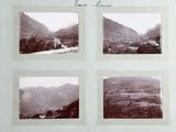 four black and white photographs of a mountain range with a valley in the background