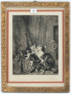 un dessin en noir et blanc représentant un chien et un chat assis sur une chaise