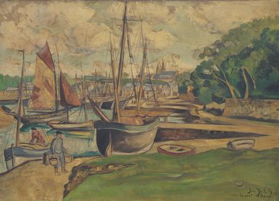 une image représentant une peinture de bateaux dans un port, avec des arbres en arrière-plan