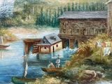 a painting of a boat in the water near a house