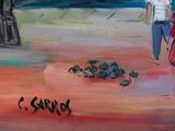 painting of a couple of people standing next to a flock of birds