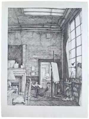 dessin au crayon représentant un homme assis sur une chaise dans un atelier de dessin