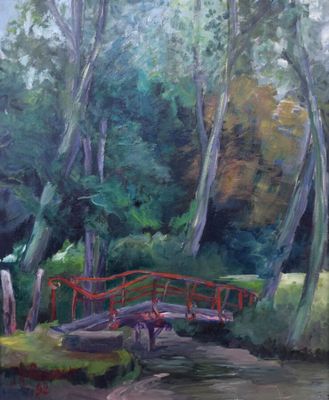 un tableau représentant un pont rouge enjambant une rivière