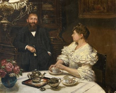 une peinture représentant un homme et une femme assis à une table