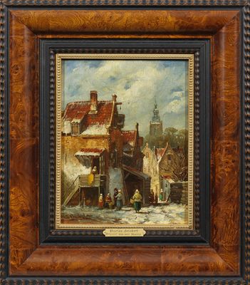 une peinture à l'huile d'une scène de rue avec une voiture à cheval