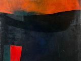 une peinture abstraite aux couleurs rouge, noir et bleu