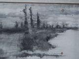une peinture en noir et blanc représentant un bateau sur l'eau