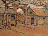 painting of an old barn with a man walking past it