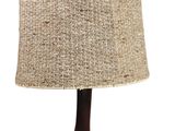 the table lamp is made of wood and has a burlock shade