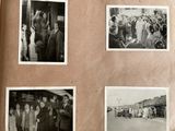 several old black and white photos of people standing in front of a train