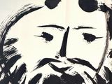 a black and white drawing of a man with a beard