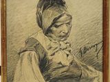 an old drawing of a woman with a scarf on her head