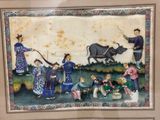 a picture of a painting of people and animals in a field