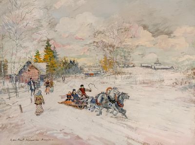 un tableau représentant un traîneau tiré par un cheval et poussé par deux personnes