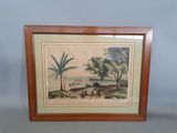 tableau encadré représentant une scène de plage avec des palmiers et des personnages