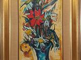 a painting of flowers in a blue vase on a table