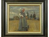 un tableau représentant une femme debout dans un champ