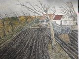 tableau représentant un tracteur labourant un champ devant une maison