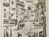 drawing of a street scene with a man sweeping the street with a broom