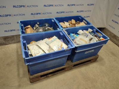 two blue bins that are sitting on a pallet