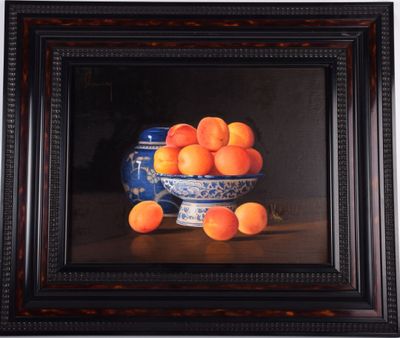 a painting of a bowl of apricots on a table