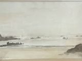 a picture of a painting of a beach with a boat in the water