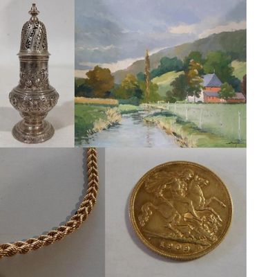 pictures of a gold coin and a necklace with a picture of a church
