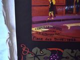 a picture of a picture of a woman walking down the street