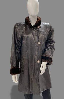 an image of a mannequin wearing a brown leather coat with a fur collar