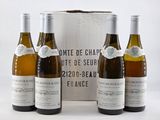 three bottles of wine are sitting in front of a box