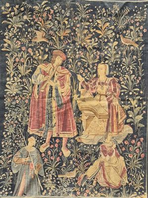 une image représentant une tapisserie avec des personnes dans un jardin
